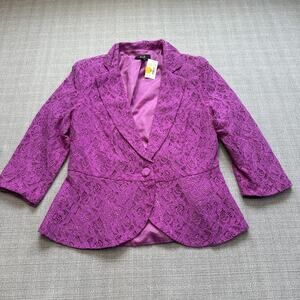 AGB Y2K Blazer Womens 8 Purple Lace Button Front 3/4 Sleeve Fitted Peplum Jacket